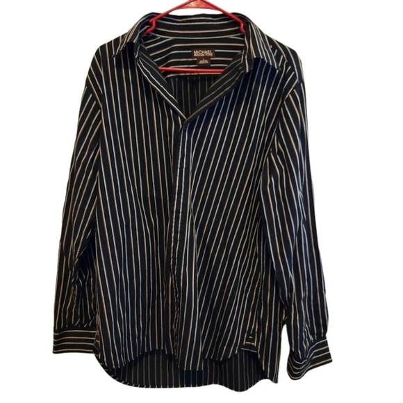 Michael Kors Long Sleeve Button Down Shirt Black w/ White & Blue Stripes Men's L - Picture 1 of 6